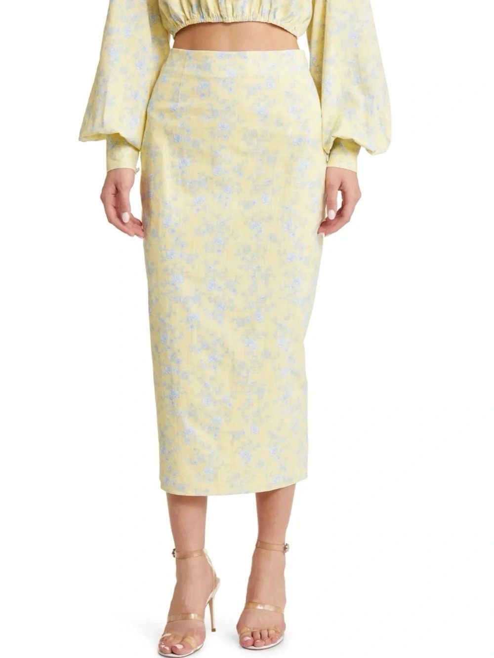 100% Linen Yellow Floral Pencil Skirt